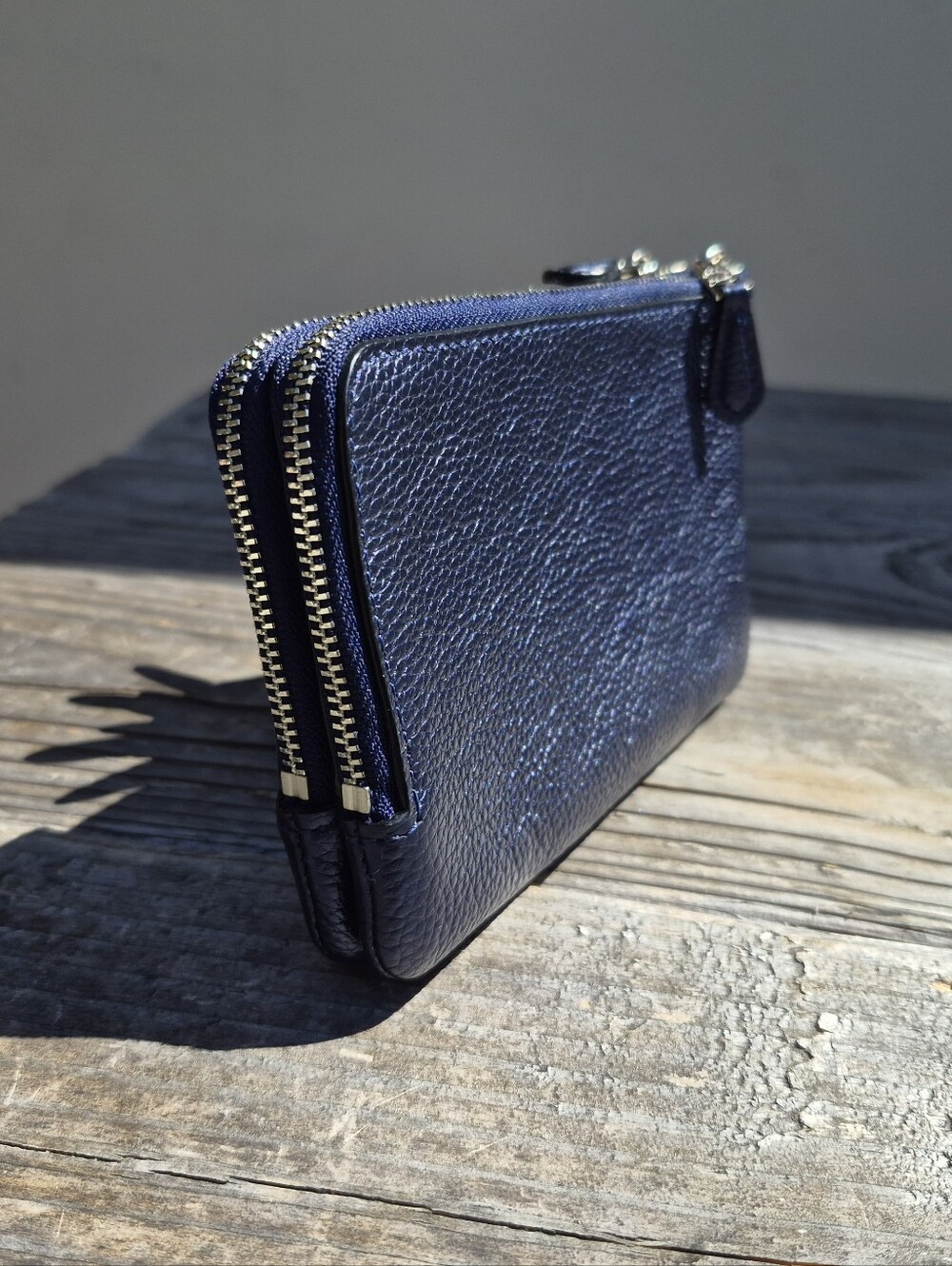 Coach Pebbled Leather Double Corner Zip Wristlet in Metallic Midnight Blue - Picture 5 of 11